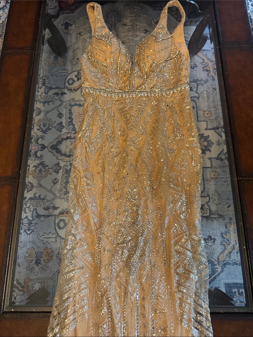 Embellished Beige Beaded Prom Dress - Sleeveless V-Neck